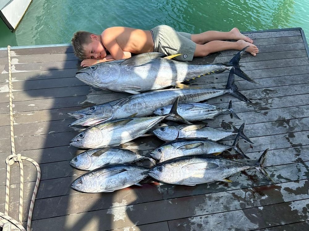 Een dagvangst geelvintonijn en wahoo op de steiger, Bonaire